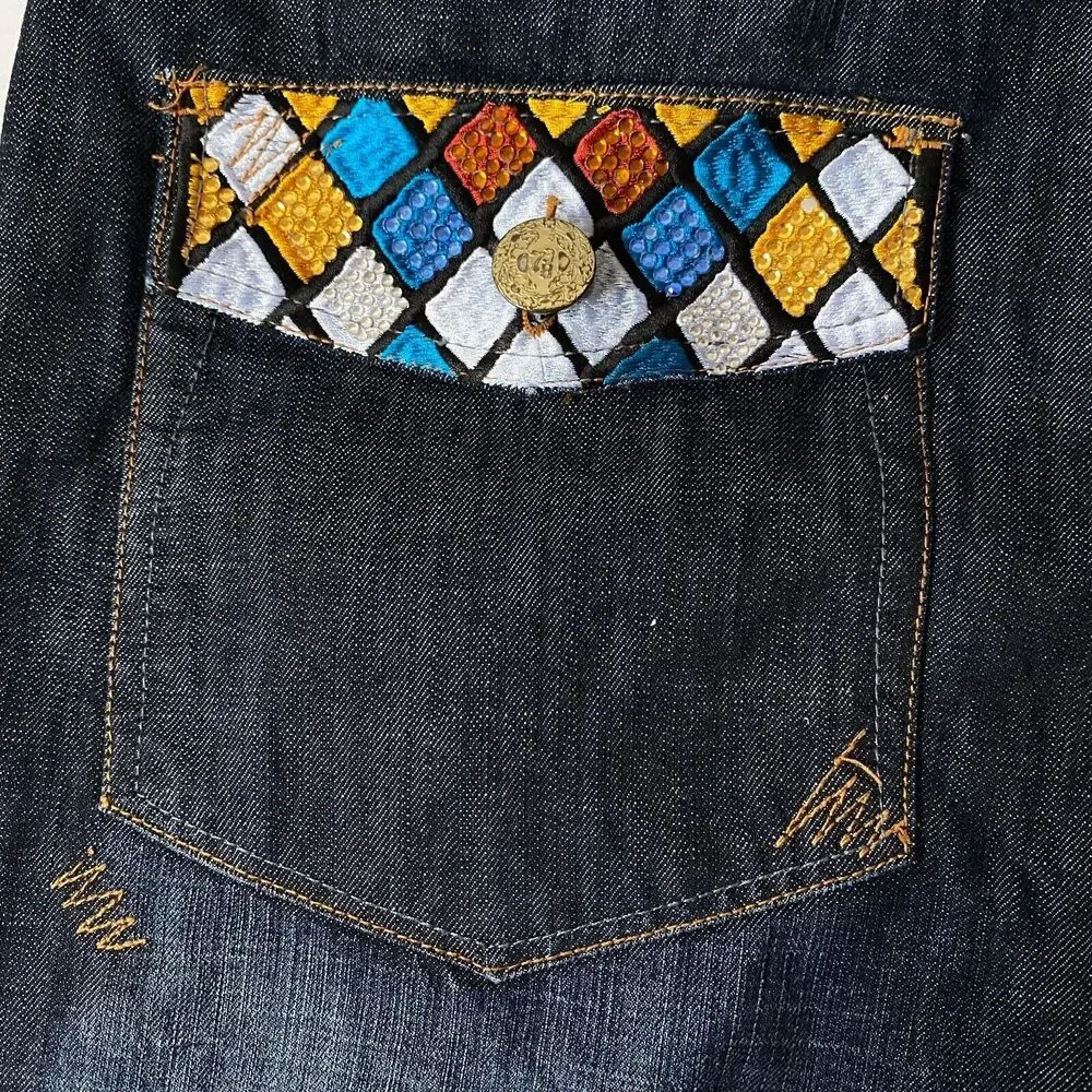 7th 38 Jean Shorts Mens Size 40 Blue Medium Wash Embroidered Gems Flaws Read